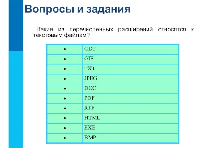 Вопросы и задания Какие из перечисленных расширений относятся к текстовым файлам?