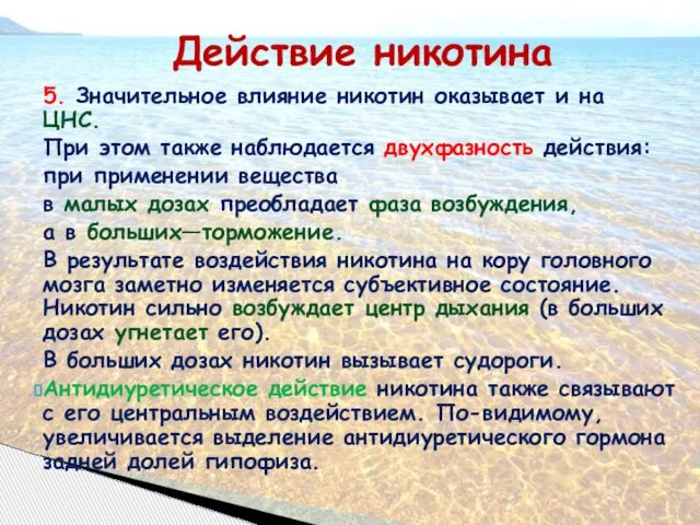 Действие никотина 5. Значительное влияние никотин оказывает и на ЦНС. При