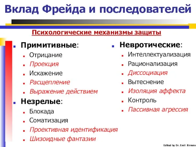 Вклад Фрейда и последователей Примитивные: Отрицание Проекция Искажение Расщепление Выражение действием