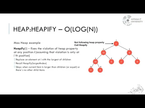 HEAP:HEAPIFY – O(LOG(N)) Max Heap example Heapify(i) – fixes the violation