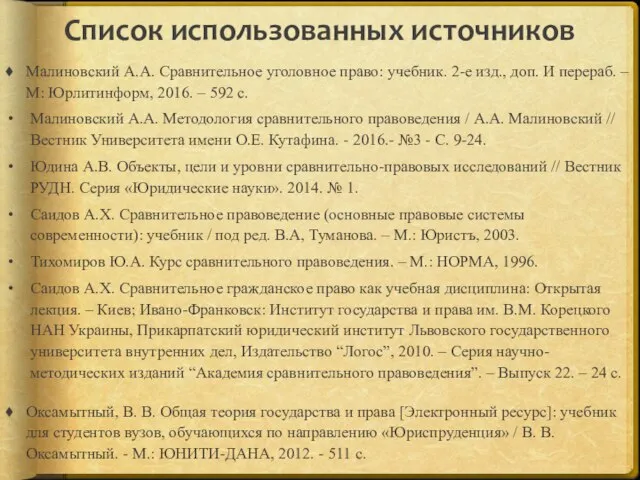 Список использованных источников Малиновский А.А. Сравнительное уголовное право: учебник. 2-е изд.,