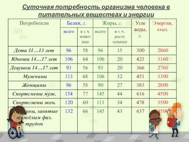 Суточная потребность организма человека в питательных веществах и энергии