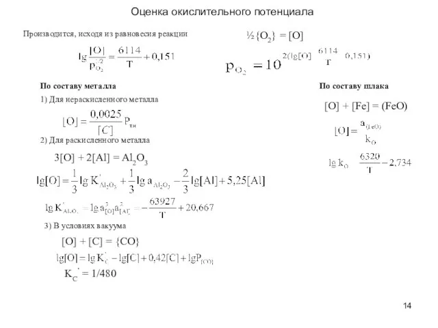 ½{O2} = [O] 3[O] + 2[Al] = Al2O3 [O] + [C]