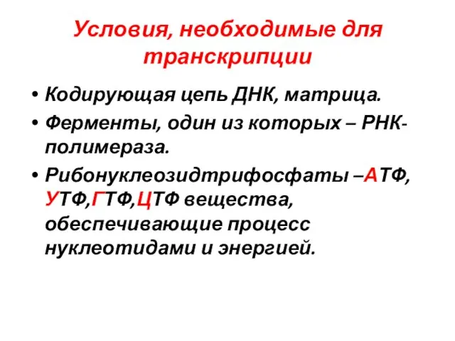 Условия, необходимые для транскрипции Кодирующая цепь ДНК, матрица. Ферменты, один из