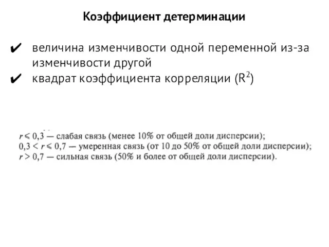 Коэффициент детерминации величина изменчивости одной переменной из-за изменчивости другой квадрат коэффициента корреляции (R2)