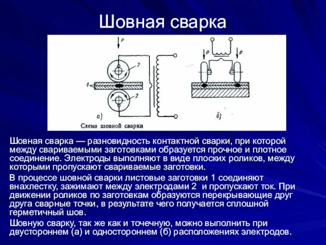 Шовная сварка Шовная сварка — разновидность контактной сварки, при которой между