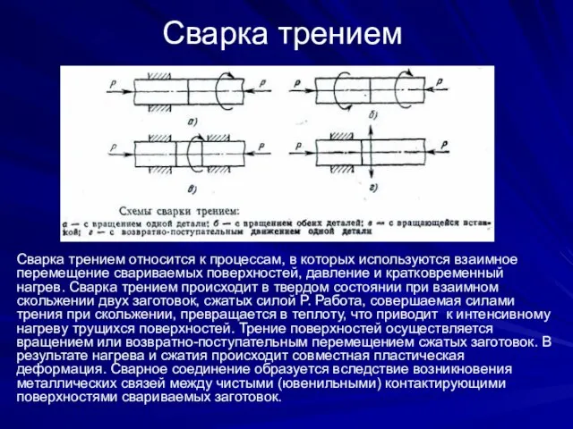 Сварка трением Сварка трением относится к процессам, в которых используются взаимное