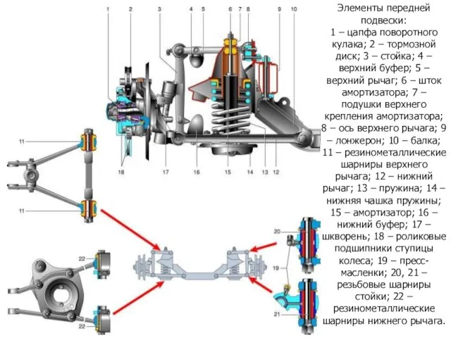 Элементы передней подвески: 1 – цапфа поворотного кулака; 2 – тормозной