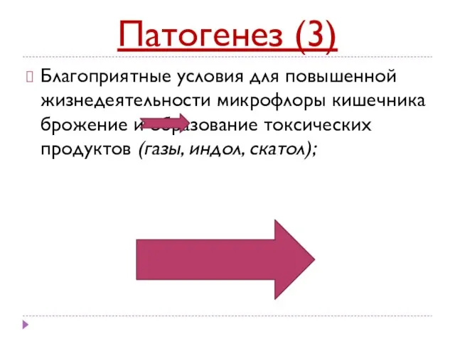 Патогенез (3) Благоприятные условия для повышенной жизнедеятельности микрофлоры кишечника брожение и