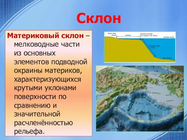 Склон Материковый склон – мелководные части из основных элементов подводной окраины