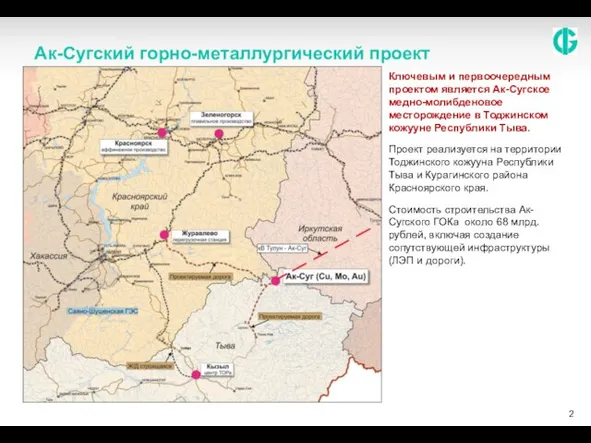 Ак-Сугский горно-металлургический проект Ключевым и первоочередным проектом является Ак-Сугское медно-молибденовое месторождение