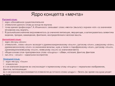 Ядро концепта «мечта» Русский язык: ядро–одноимённое существительное этимология данного слова до