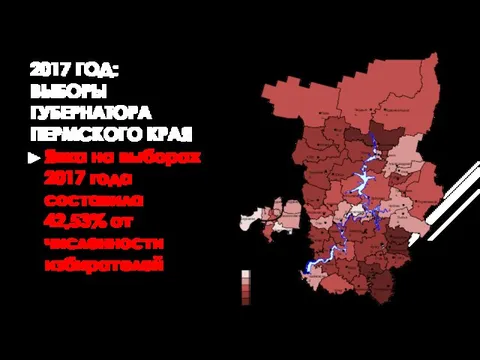 2017 ГОД: ВЫБОРЫ ГУБЕРНАТОРА ПЕРМСКОГО КРАЯ Явка на выборах 2017 года составила 42,53% от численности избирателей