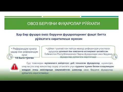 ОВОЗ БЕРУВЧИ ФУҚАРОЛАР РЎЙХАТИ Референдум кунига қадар ёки референдум куни 18