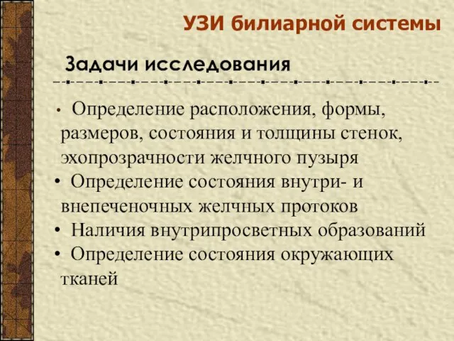 Определение расположения, формы, размеров, состояния и толщины стенок, эхопрозрачности желчного пузыря