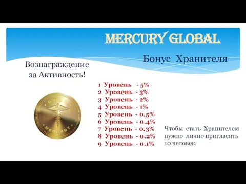 Mercury Global Вознаграждение за Активность! Бонус Хранителя 1 Уровень - 5%