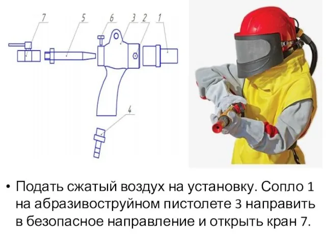 Подать сжатый воздух на установку. Сопло 1 на абразивоструйном пистолете 3