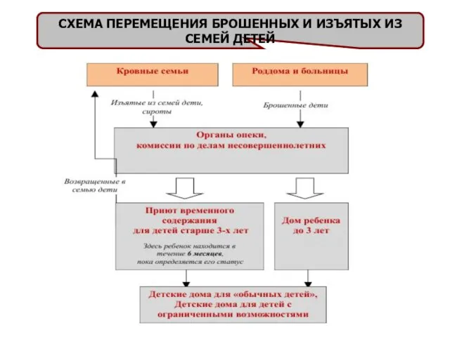 СХЕМА ПЕРЕМЕЩЕНИЯ БРОШЕННЫХ И ИЗЪЯТЫХ ИЗ СЕМЕЙ ДЕТЕЙ