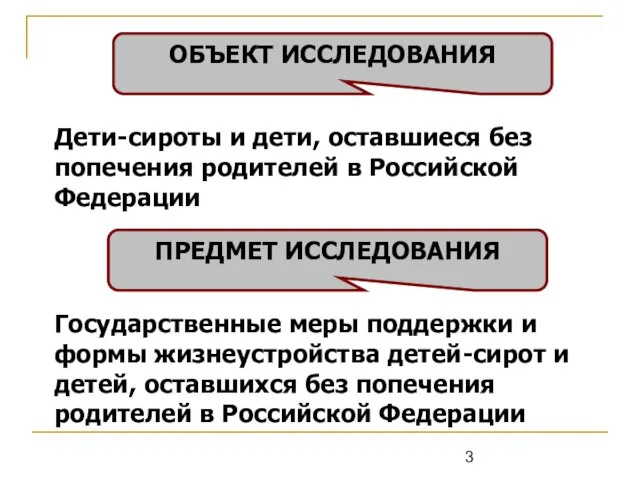 ОБЪЕКТ ИССЛЕДОВАНИЯ ПРЕДМЕТ ИССЛЕДОВАНИЯ Дети-сироты и дети, оставшиеся без попечения родителей