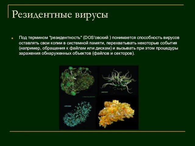 Резидентные вирусы Под термином "резидентность" (DOS'овский ) понимается способность вирусов оставлять