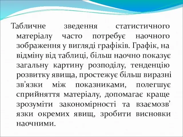 Табличне зведення статистичного матеріалу часто потребує наочного зображення у вигляді графіків.