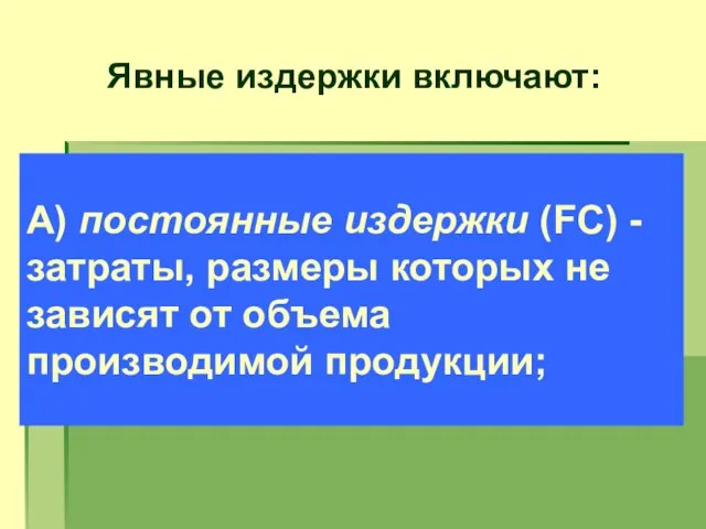 Явные издержки включают: Явные издержки включают: А) постоянные издержки (FC) -