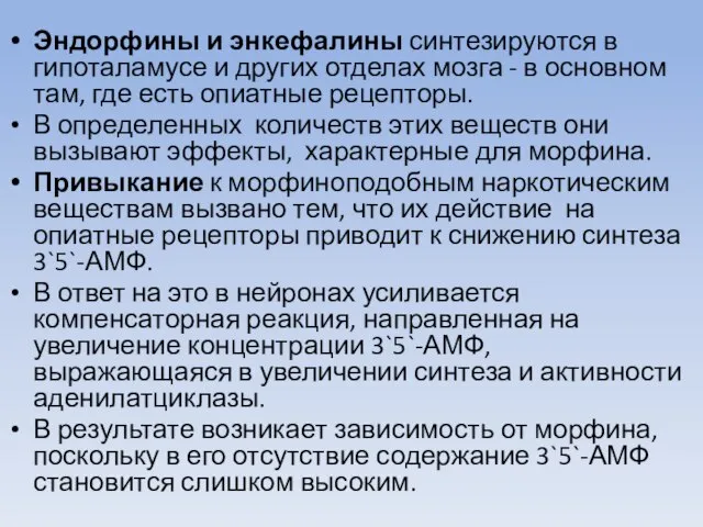 Эндорфины и энкефалины синтезируются в гипоталамусе и других отделах мозга -