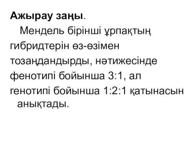 Ажырау заңы. Мендель бірінші ұрпақтың гибридтерін өз-өзімен тозаңдандырды, нәтижесінде фенотипі бойынша