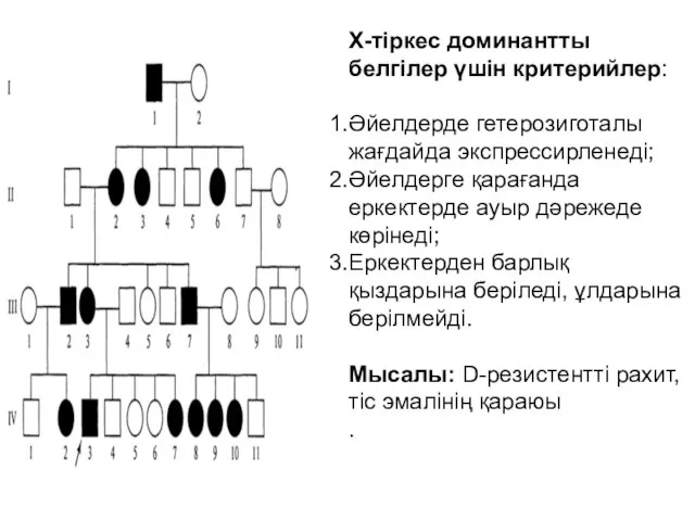 Х-тіркес доминантты белгілер үшін критерийлер: Әйелдерде гетерозиготалы жағдайда экспрессирленеді; Әйелдерге қарағанда