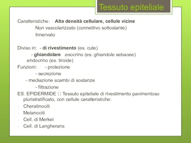 Tessuto epiteliale Caratteristiche: Alta densità cellulare, cellule vicine Non vascolarizzato (connettivo