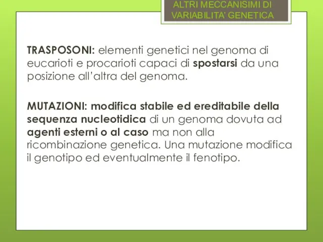 ALTRI MECCANISIMI DI VARIABILITA’ GENETICA TRASPOSONI: elementi genetici nel genoma di