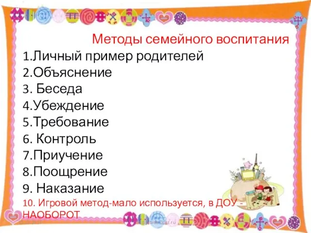 15.10.2015 http://aida.ucoz.ru Методы семейного воспитания 1.Личный пример родителей 2.Объяснение 3. Беседа