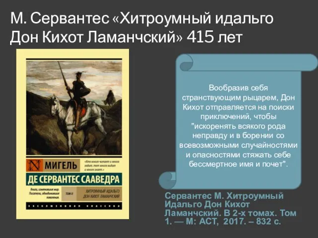 М. Сервантес «Хитроумный идальго Дон Кихот Ламанчский» 415 лет Сервантес М.