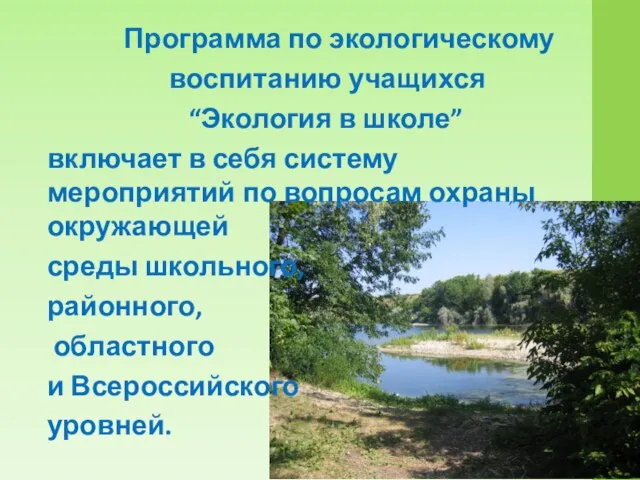 Программа по экологическому воспитанию учащихся “Экология в школе” включает в себя