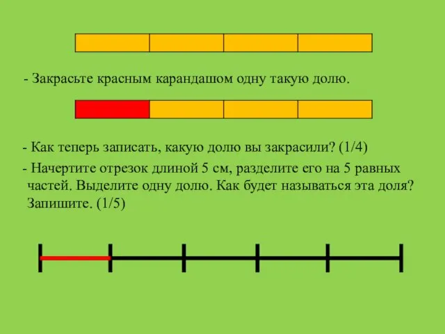 - Закрасьте красным карандашом одну такую долю. Как теперь записать, какую