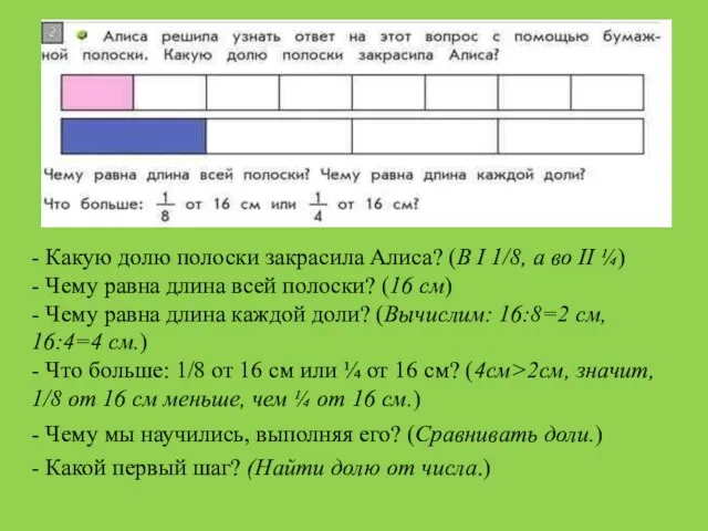 - Какую долю полоски закрасила Алиса? (В I 1/8, а во