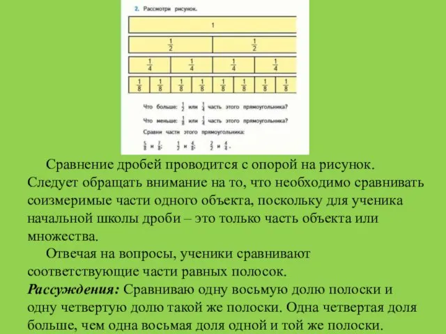 Сравнение дробей проводится с опорой на рисунок. Следует обращать внимание на