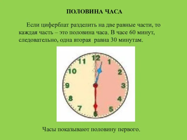 ПОЛОВИНА ЧАСА Если циферблат разделить на две равные части, то каждая