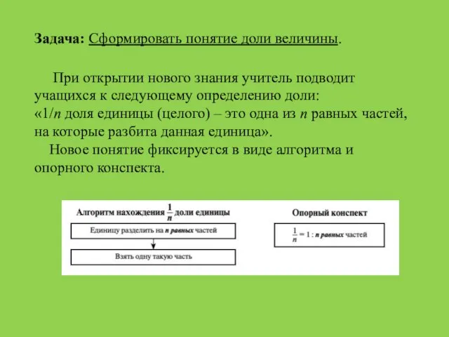 Задача: Сформировать понятие доли величины. При открытии нового знания учитель подводит