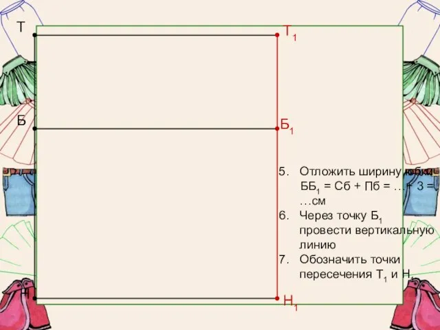 Отложить ширину юбки ББ1 = Сб + Пб = …+ 3