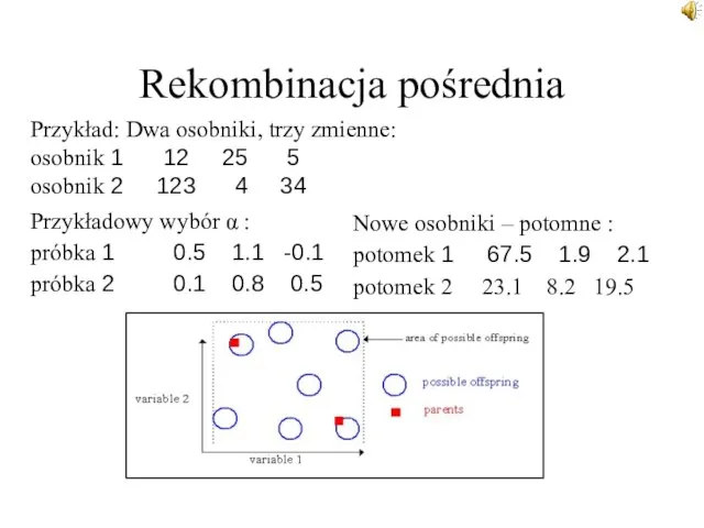 Rekombinacja pośrednia Przykład: Dwa osobniki, trzy zmienne: osobnik 1 12 25