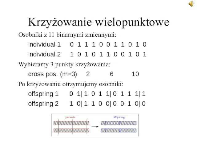 Krzyżowanie wielopunktowe Osobniki z 11 binarnymi zmiennymi: individual 1 0 1