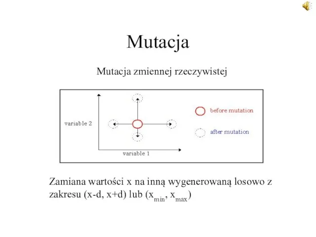 Mutacja Mutacja zmiennej rzeczywistej Zamiana wartości x na inną wygenerowaną losowo