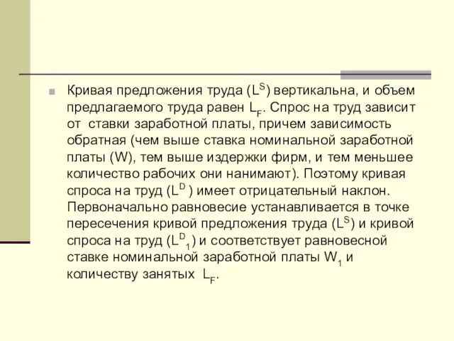 Кривая предложения труда (LS) вертикальна, и объем предлагаемого труда равен LF.