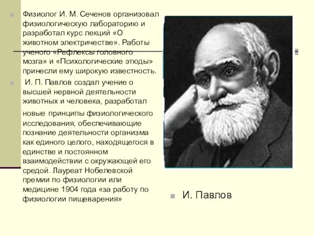 Физиолог И. М. Сеченов организовал физиологическую лабораторию и разработал курс лекций