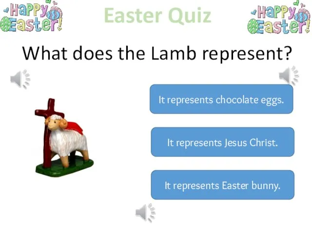 Easter Quiz What does the Lamb represent? It represents chocolate eggs.