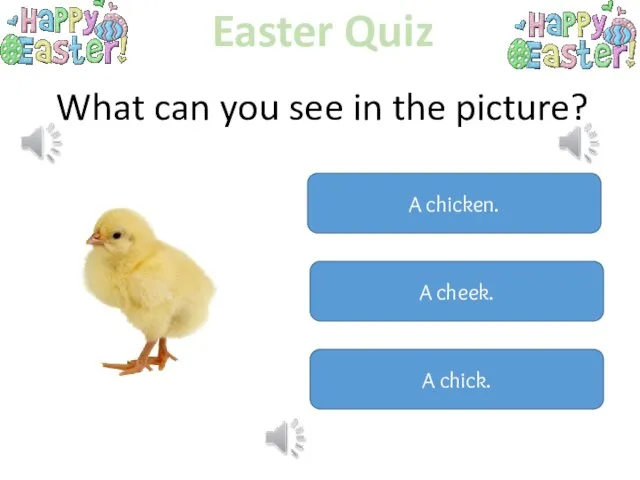 Easter Quiz What can you see in the picture? A chicken. A cheek. A chick.