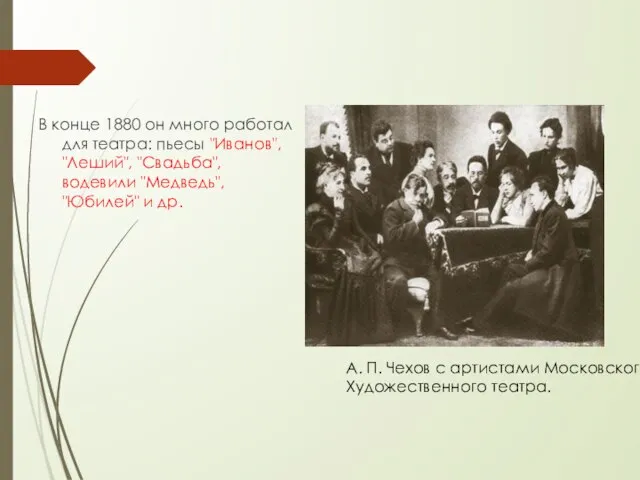 В конце 1880 он много работал для театра: пьесы "Иванов", "Леший",