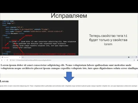 Исправляем Теперь свойство тега h1 будет только у свойства lorem