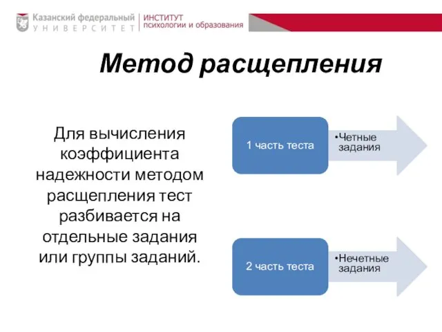 Метод расщепления Для вычисления коэффициента надежности методом расщепления тест разбивается на